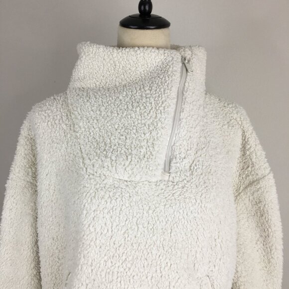 ATHLETA Ivory Asym Zip Collar Satin Trim Fur Fluffy Pullover Jacket - Picture 5 of 12